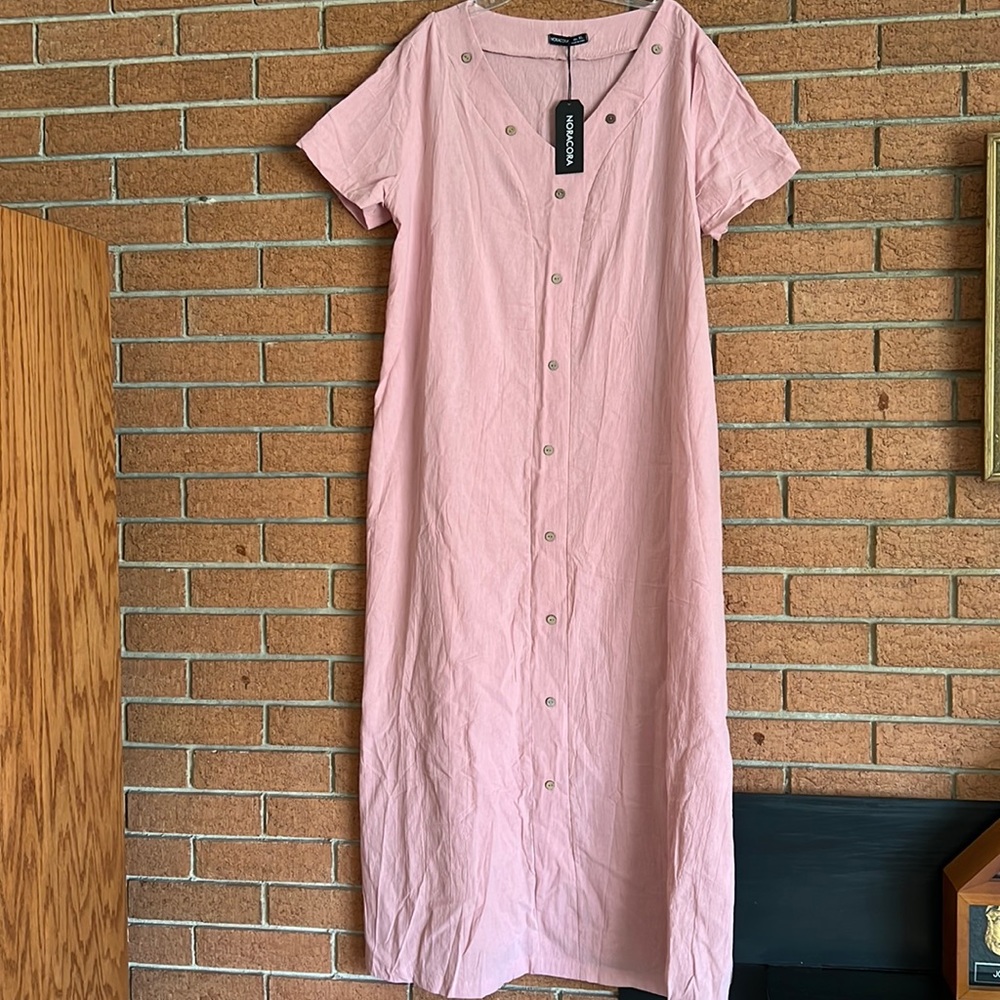 NORACORA AIRY LIGHT WEIGHT V-NECK BUTTON EMBELLISHED DRESS
